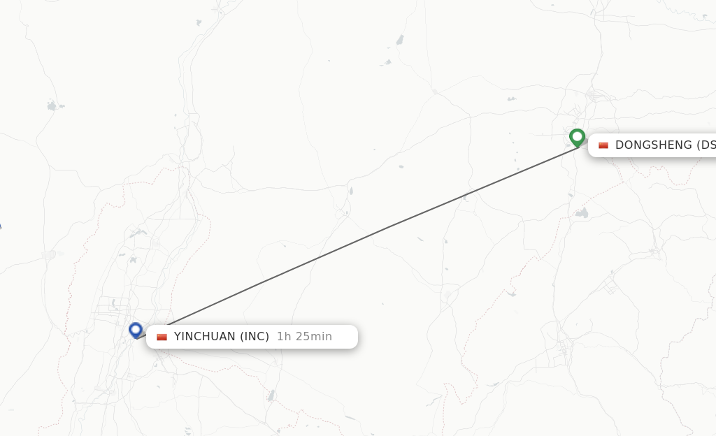 Flights from Dongsheng to Yinchuan route map