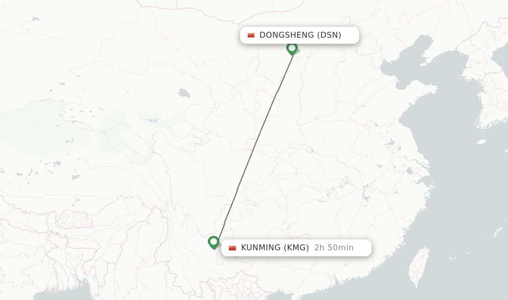 Flights from Dongsheng to Kunming route map