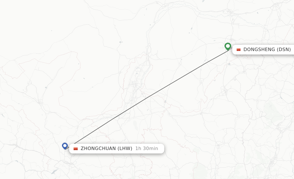 Flights from Dongsheng to Lanzhou route map