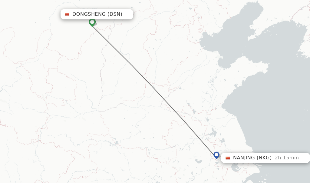 Flights from Dongsheng to Nanjing route map
