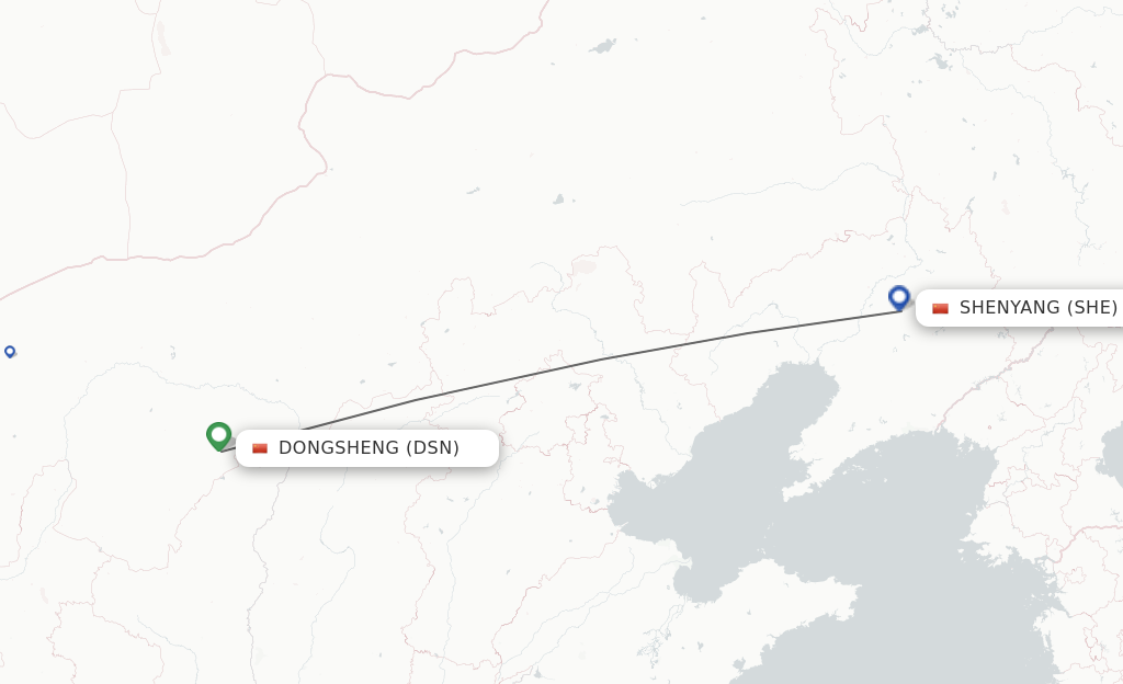 Flights from Dongsheng to Shenyang route map