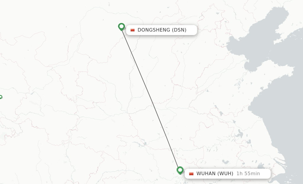 Flights from Dongsheng to Wuhan route map