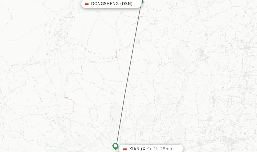Flights from Dongsheng to Xian route map