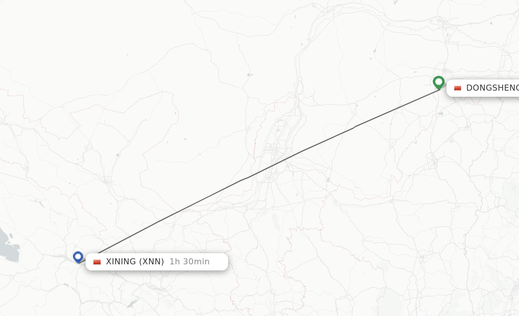 Flights from Dongsheng to Xining route map