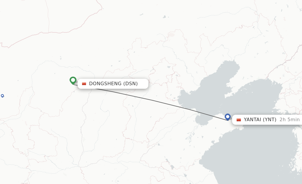 Flights from Dongsheng to Yantai route map