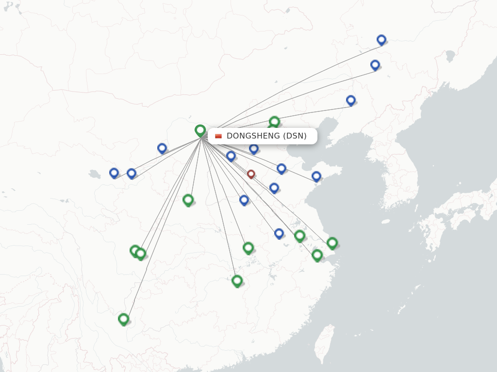 Flights from Dongsheng to Xiangyang route map