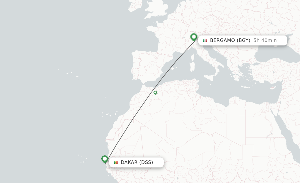 Flights from Dakar to Bergamo route map