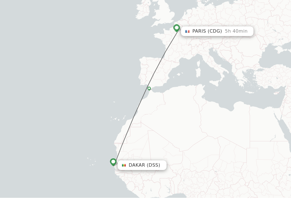 Flights from Dakar to Paris route map