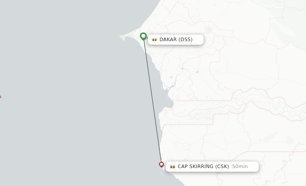 Flights from Dakar to Cap Skirring route map