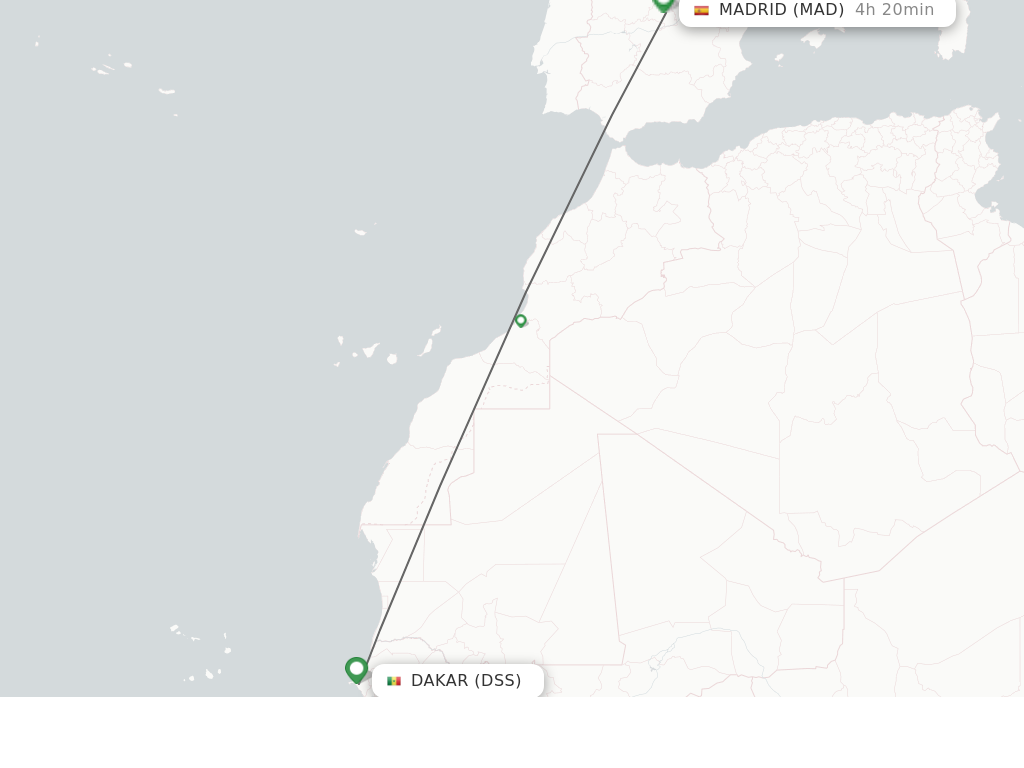 Flights from Dakar to Madrid route map