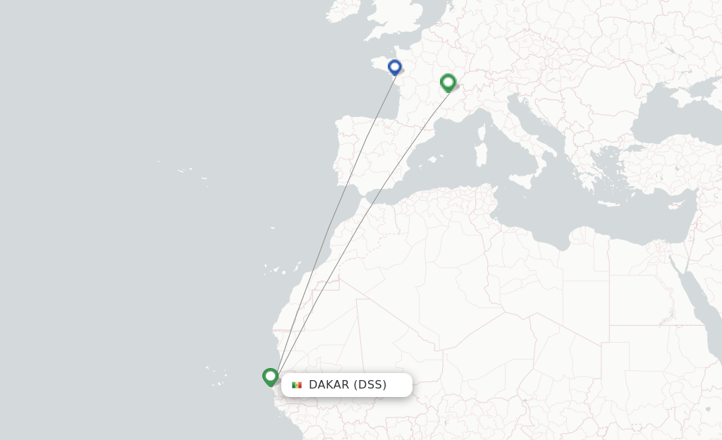 Route map with flights from Dakar with Transavia France