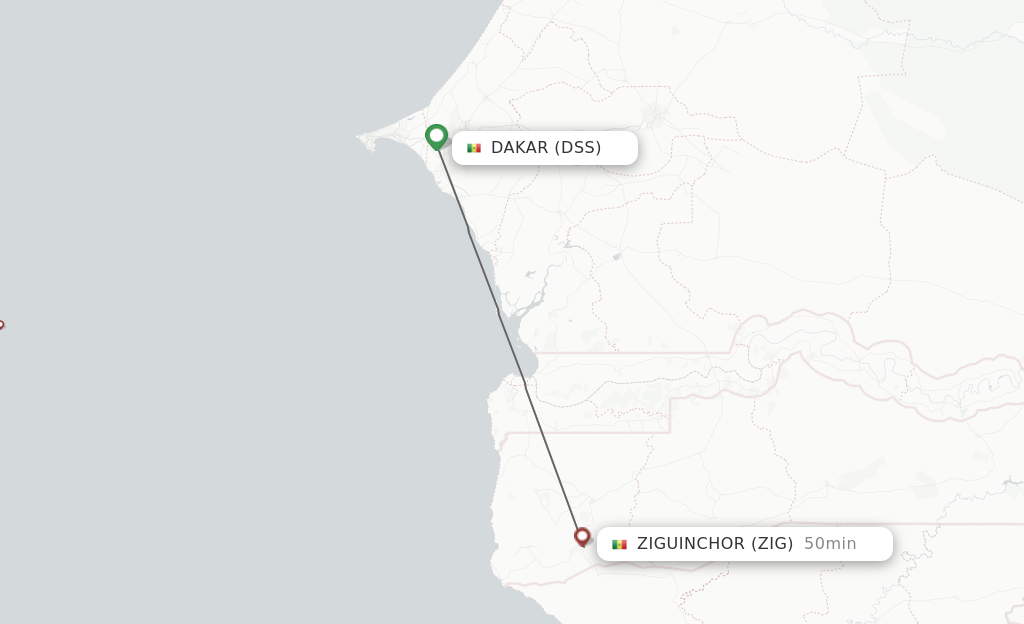 Flights from Dakar to Ziguinchor route map