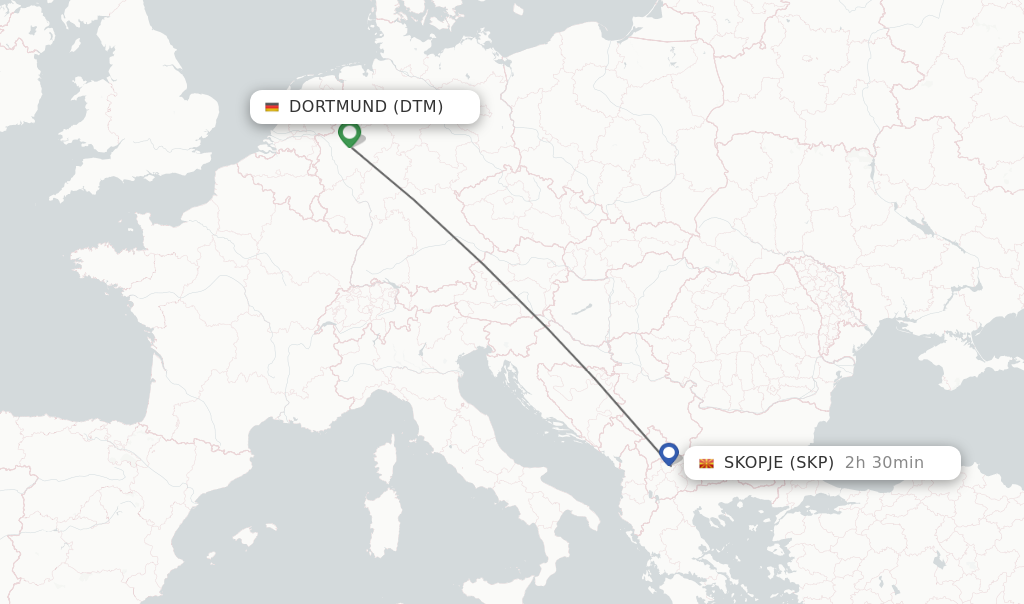 Flights from Dortmund to Skopje route map