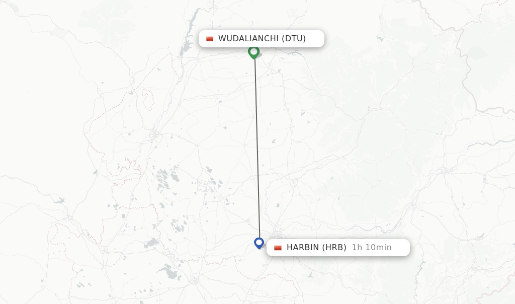 Flights from Wudalianchi to Harbin route map