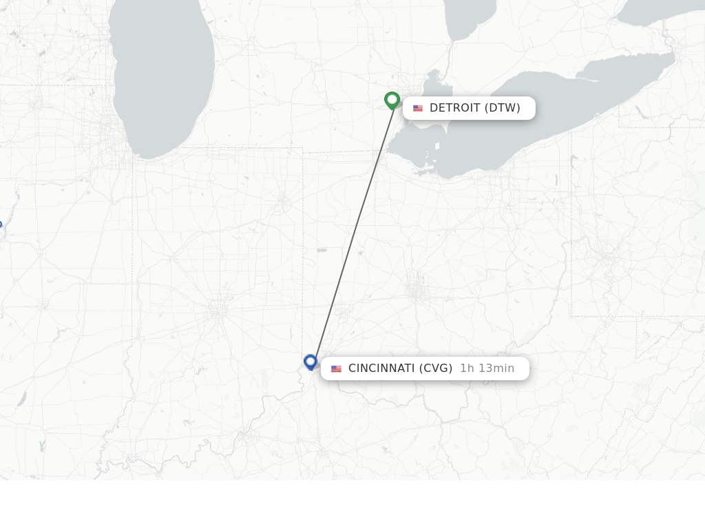 Flights from Detroit to Cincinnati route map