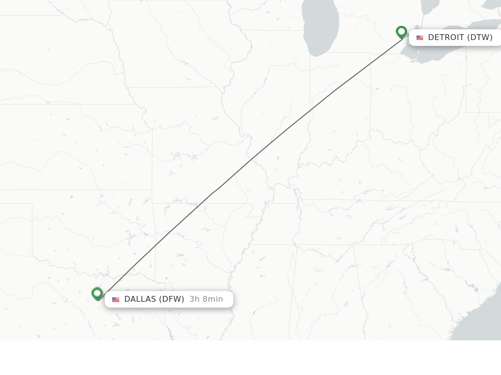 Flights from Detroit to Dallas route map