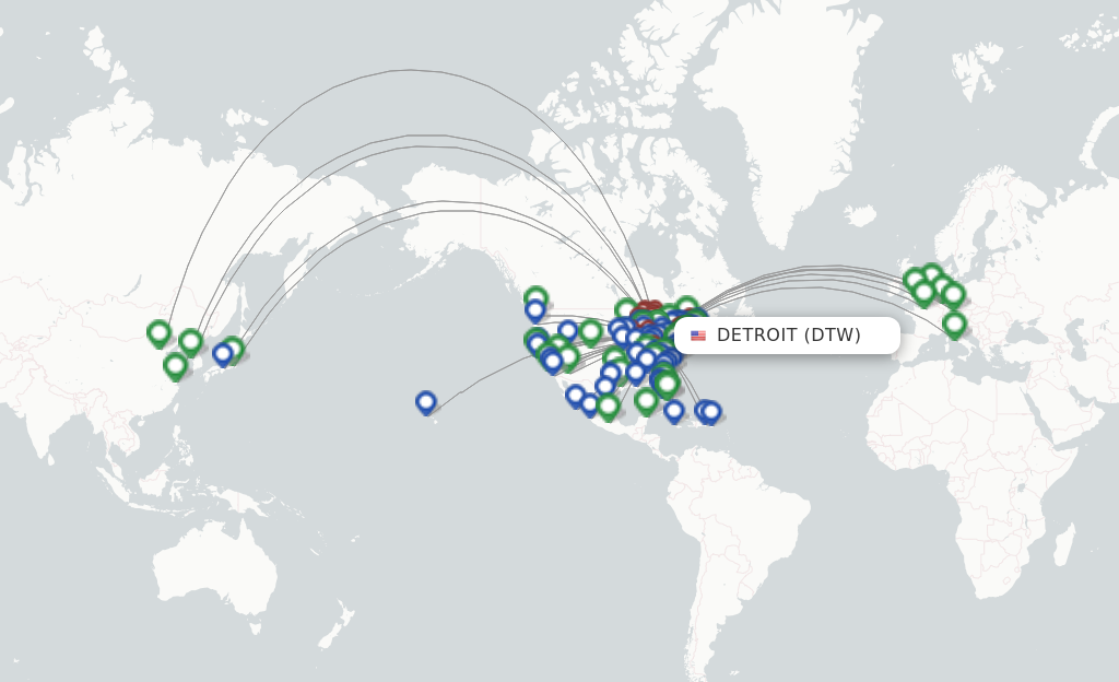 Route map with flights from Detroit with Delta Air Lines