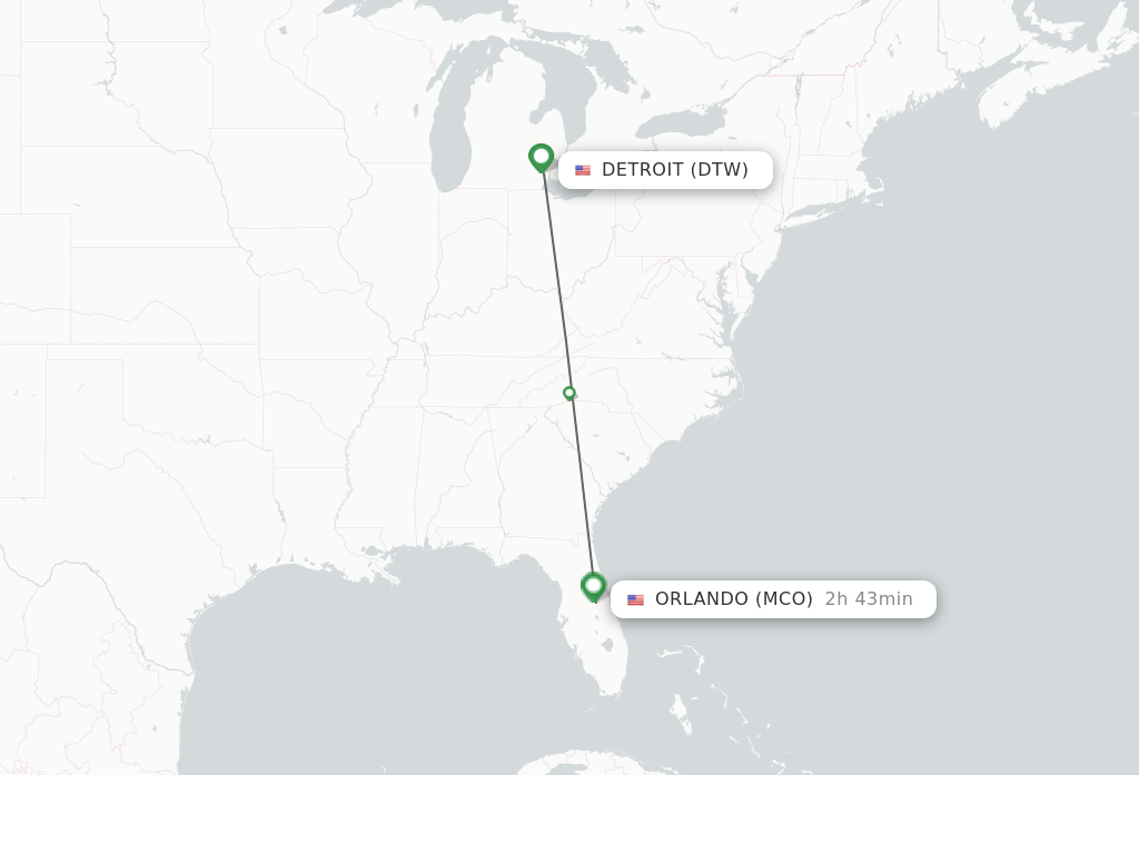 Flights from Detroit to Orlando route map
