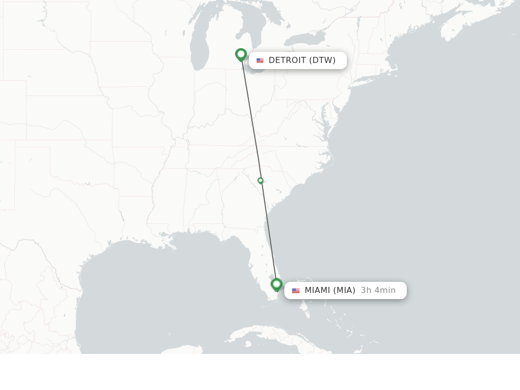 Flights from Detroit to Miami route map