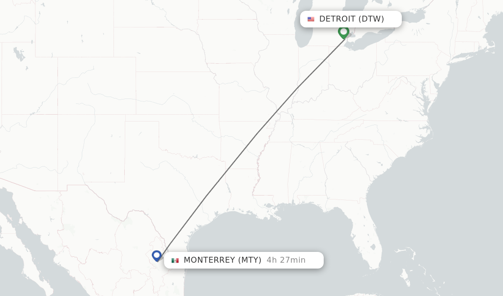Flights from Detroit to Monterrey route map