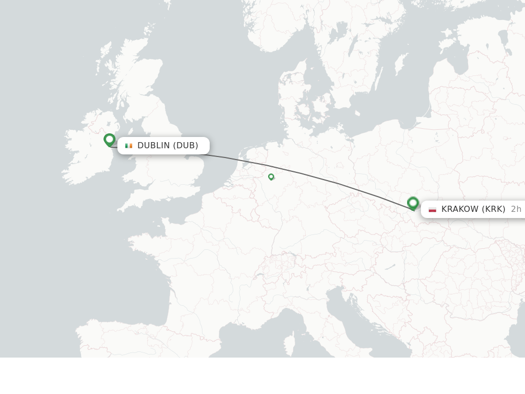 Flights from Krakow to Dublin route map