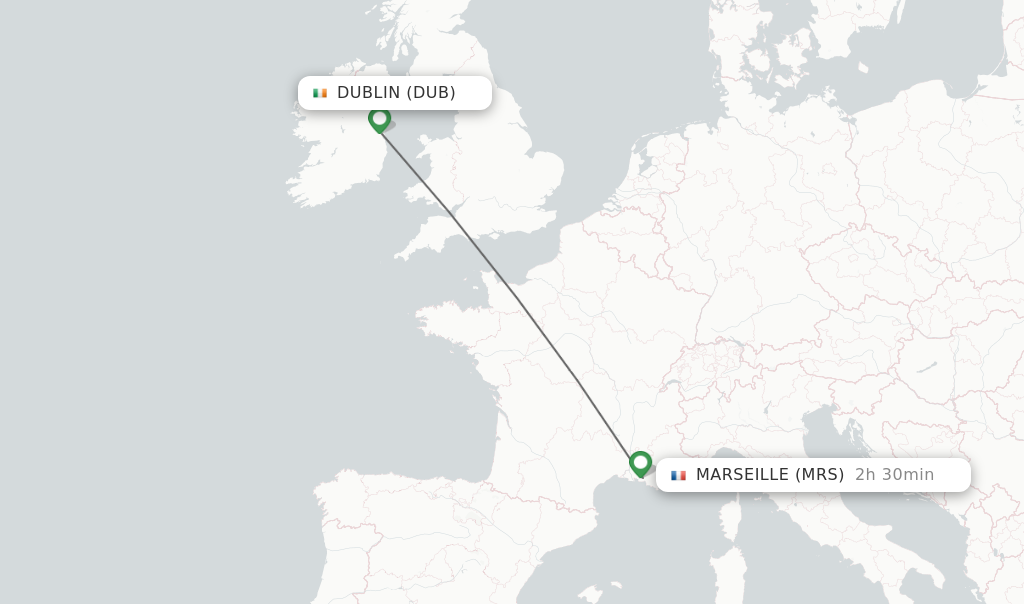 Flights from Dublin to Marseille route map