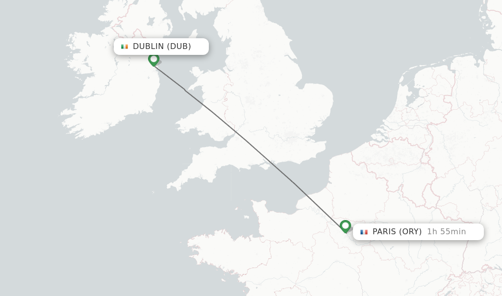 Flights from Dublin to Paris route map