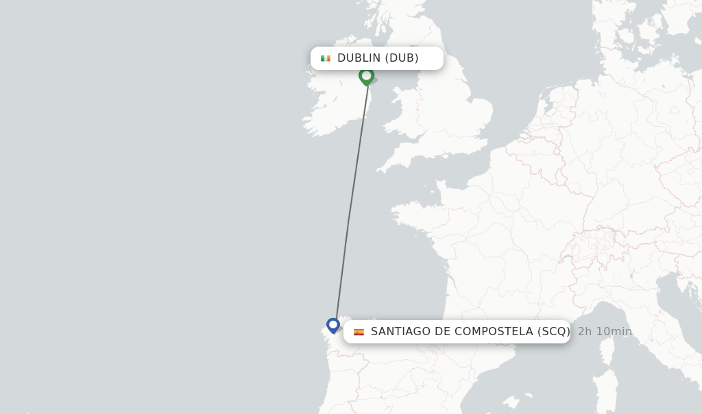 Flights from Dublin to Santiago De Compostela route map