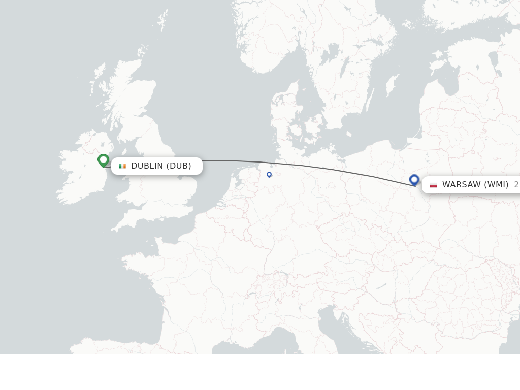 Flights from Warsaw to Dublin route map