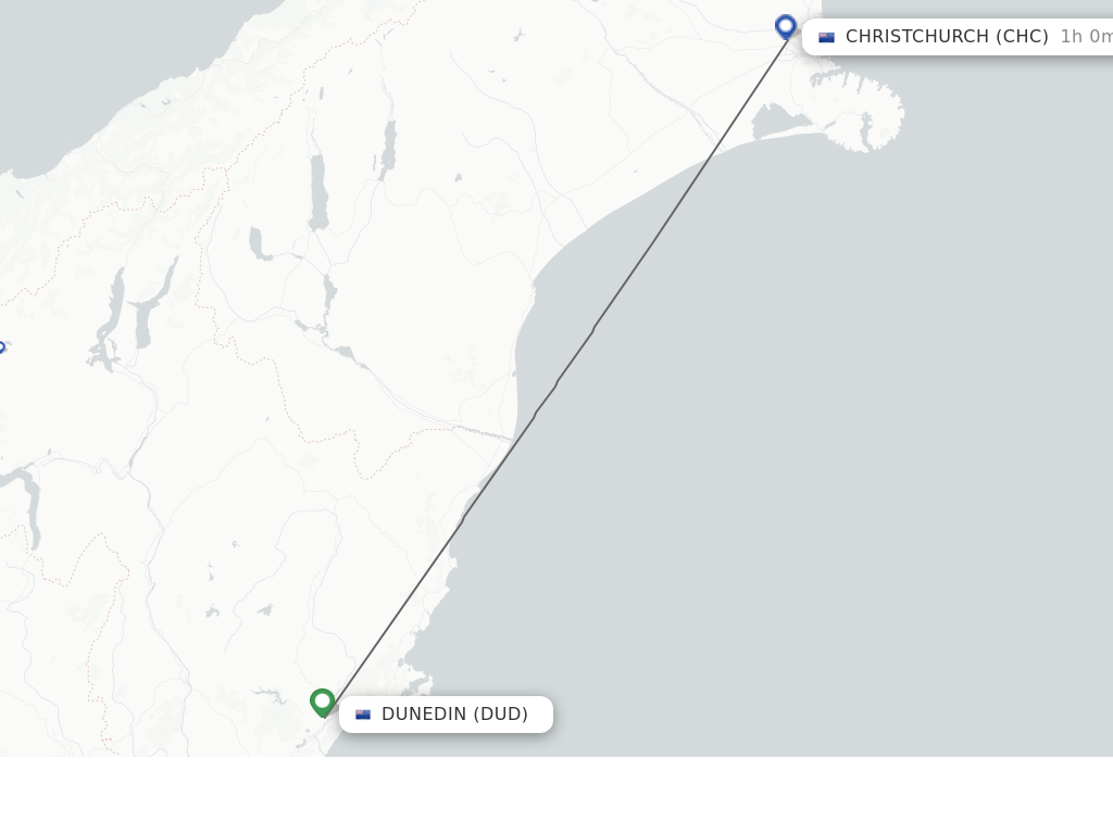 Flights from Dunedin to Christchurch route map