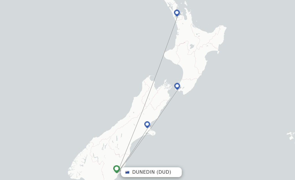 Route map with flights from Dunedin with Air New Zealand
