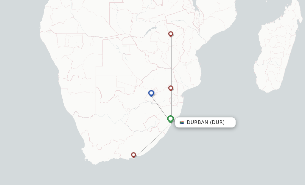 Route map with flights from Durban with Airlink (South Africa)