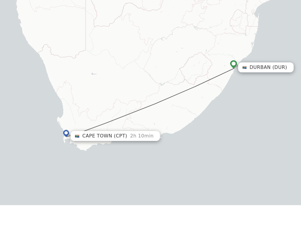 Flights from Durban to Cape Town route map