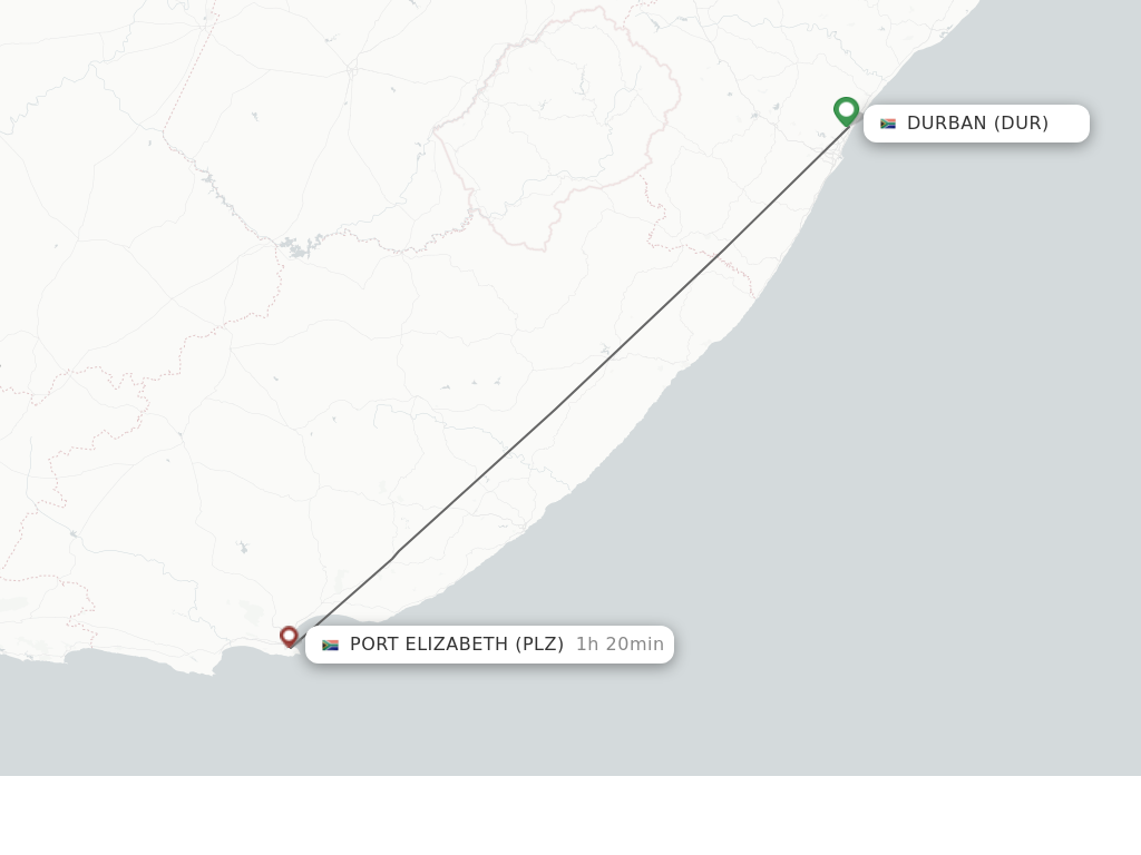 Flights from Durban to Port Elizabeth route map