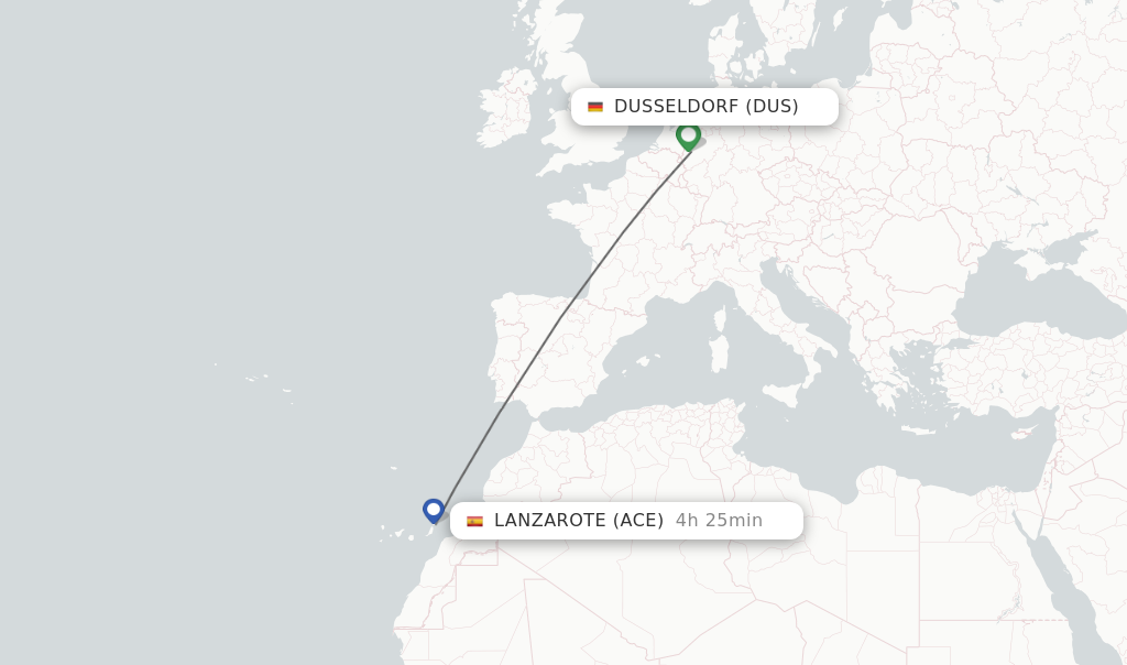 Flights from Dusseldorf to Lanzarote route map