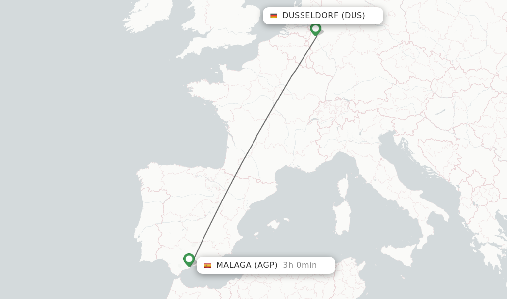 Flights from Dusseldorf to Malaga route map