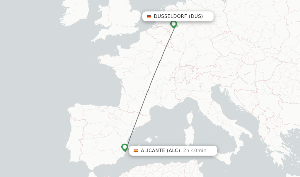 Flights from Dusseldorf to Alicante route map