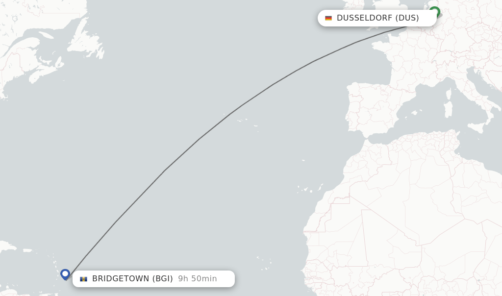 Flights from Dusseldorf to Bridgetown route map