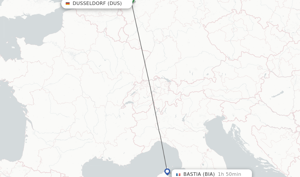 Flights from Dusseldorf to Bastia route map