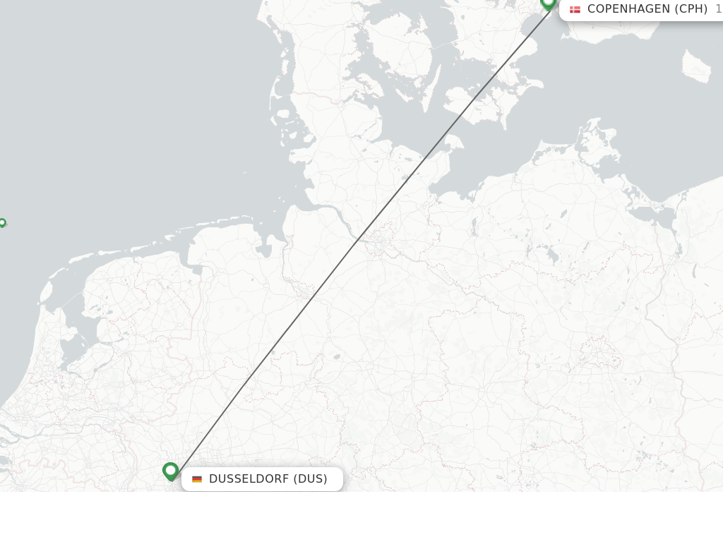 Flights from Dusseldorf to Copenhagen route map