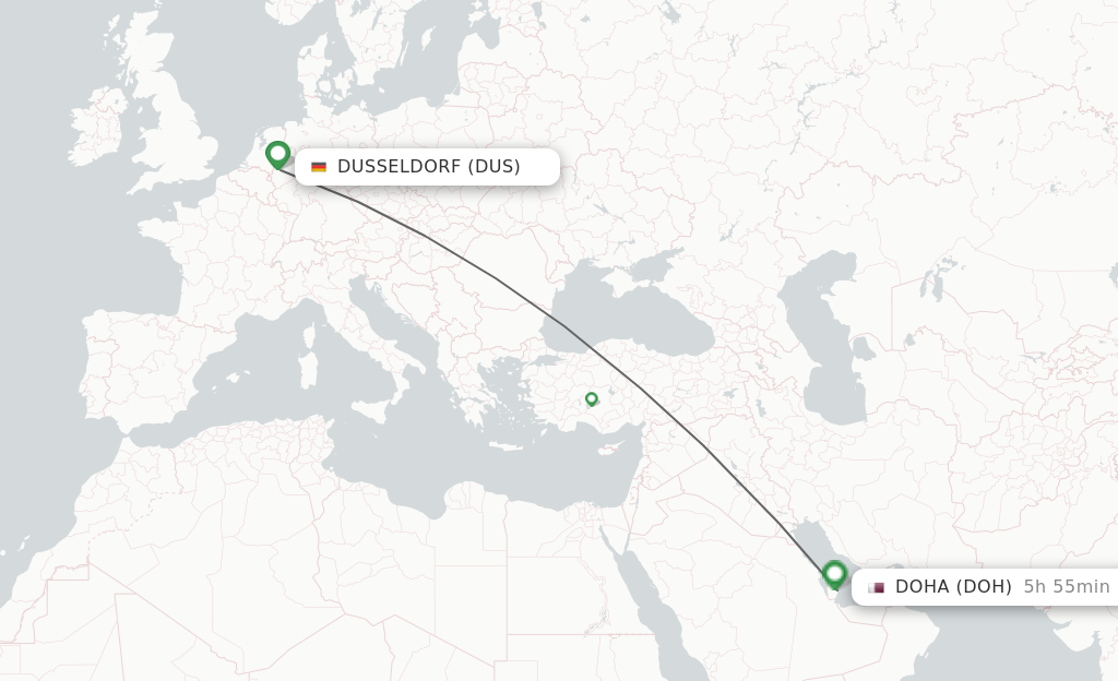 Flights from Dusseldorf to Doha route map