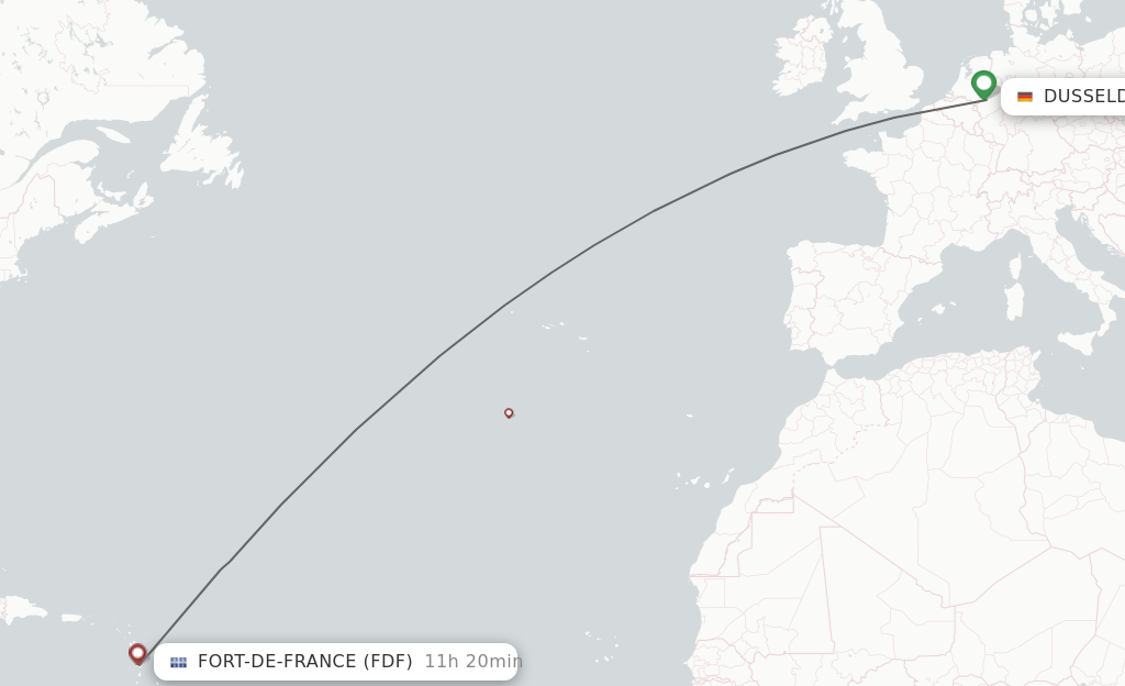 Flights from Dusseldorf to Fort De France route map