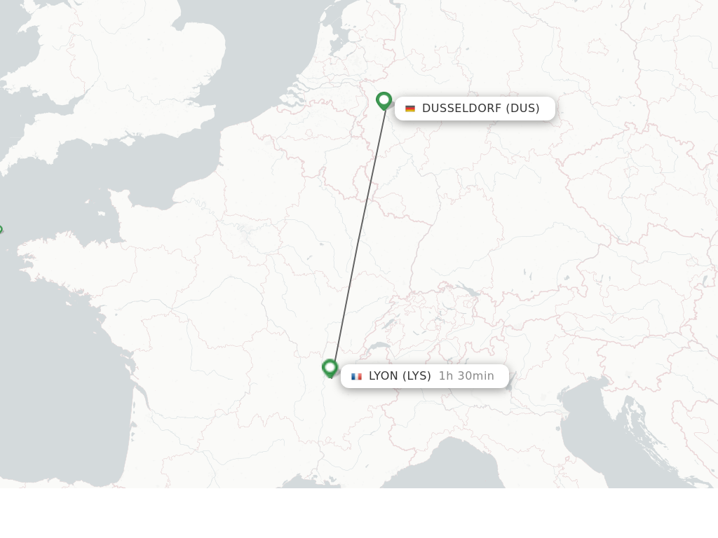 Flights from Dusseldorf to Lyon route map