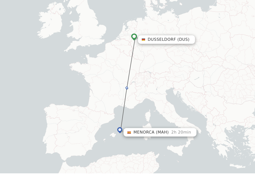 Flights from Dusseldorf to Menorca route map