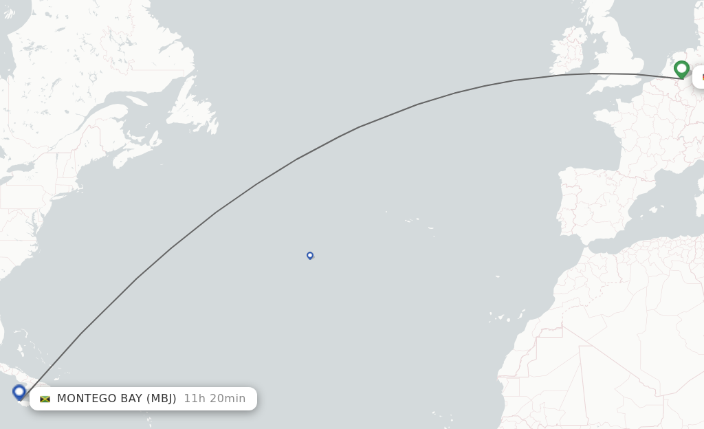Flights from Dusseldorf to Montego Bay route map