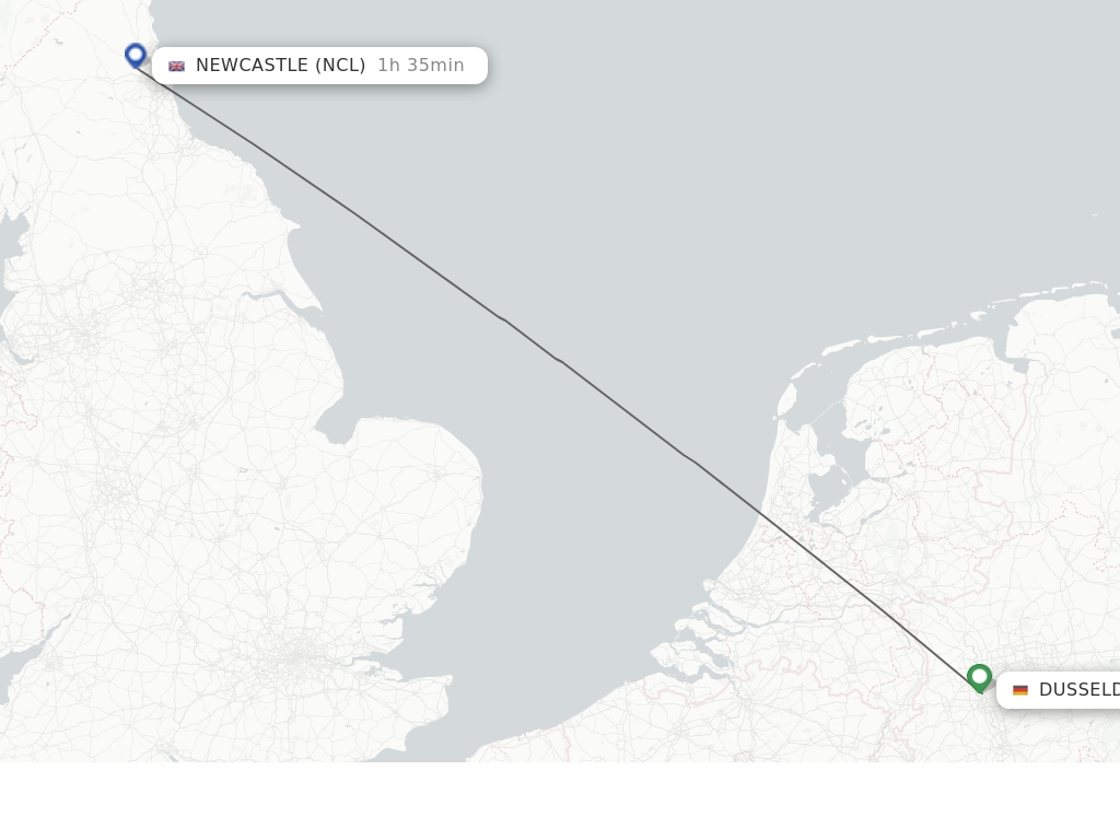 Flights from Dusseldorf to Newcastle route map