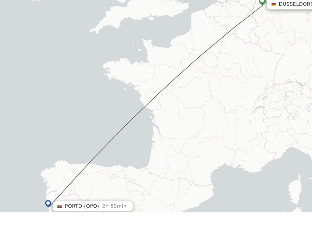 Flights from Dusseldorf to Porto route map