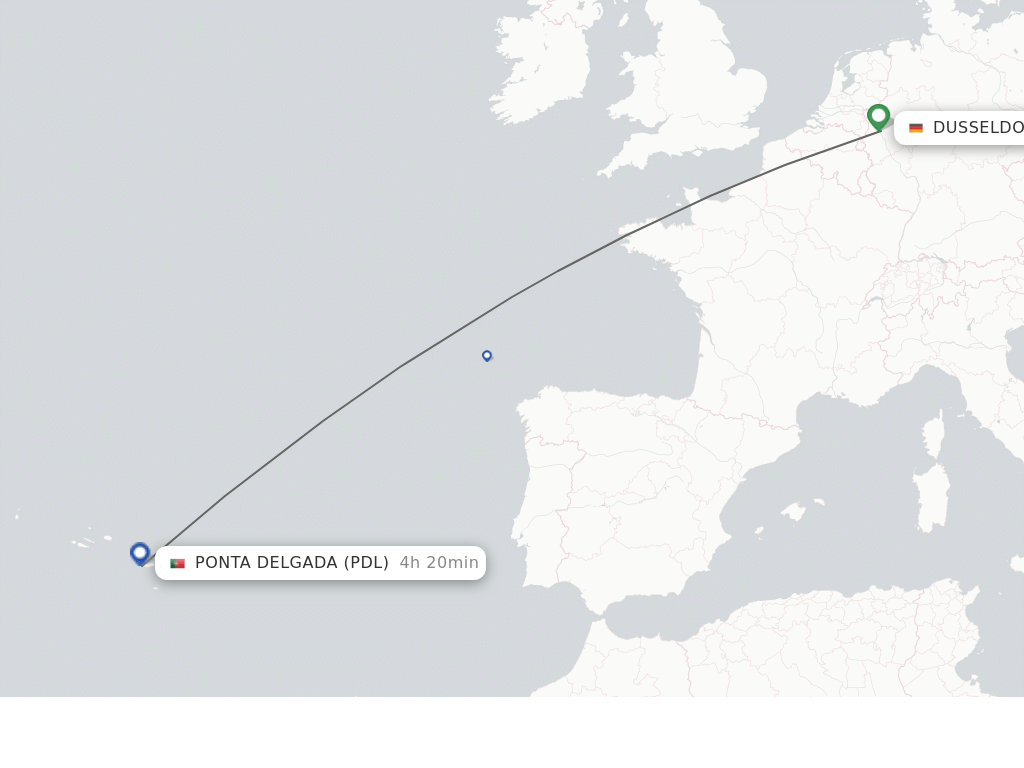 Flights from Ponta Delgada (Azores) to Dusseldorf route map