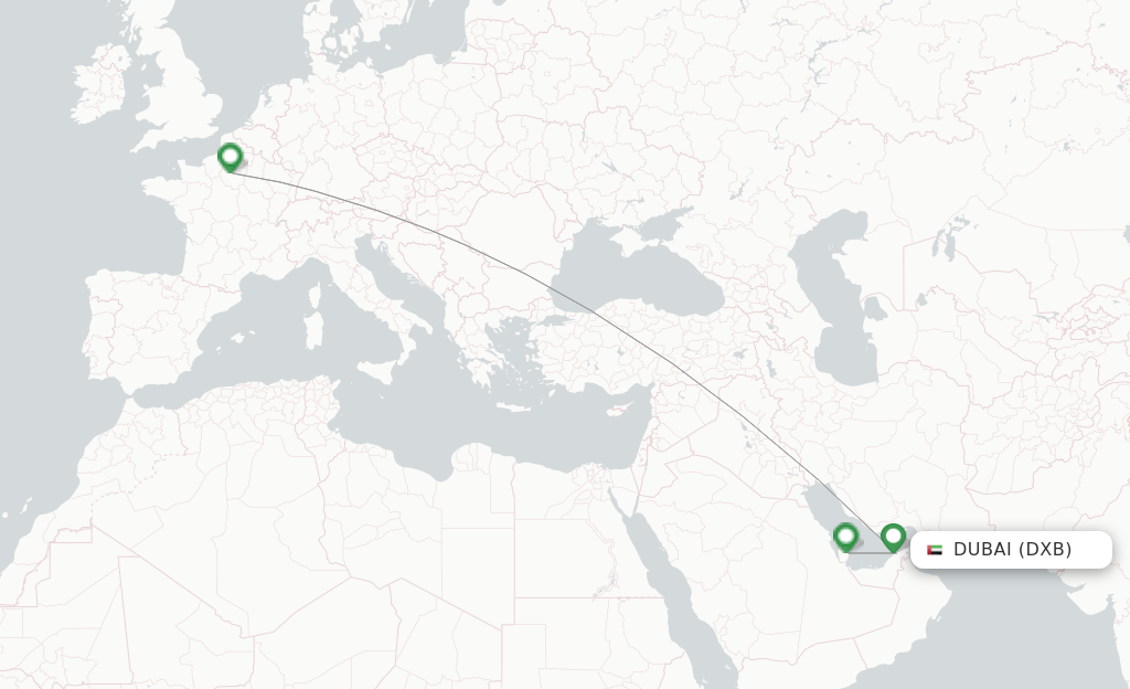 Route map with flights from Dubai with Air France