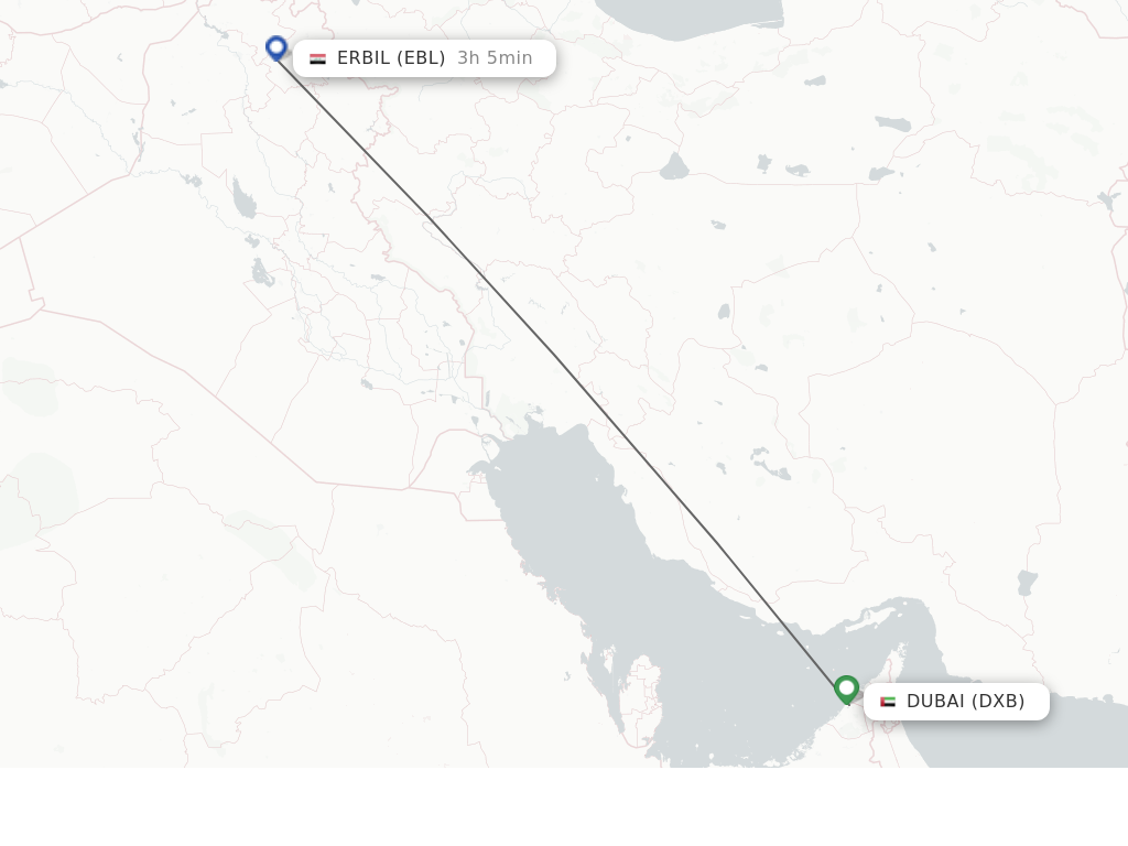 Flights from Dubai to Erbil route map